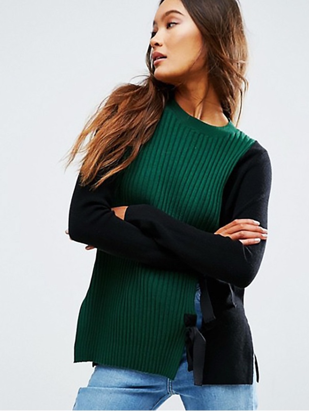 ASOS Sweater With Split Front and Tie Detail size 4/small Black and Green